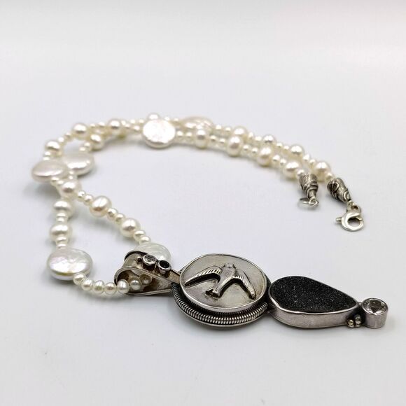 Mars And Valentine Sterling 925 Charcoal Druzy Sapphire Pearl Swallow Necklace - Picture 6 of 16
